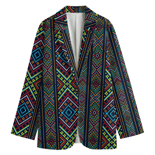 Pixel Ethnic Pattern Print Women's Cotton Blazer