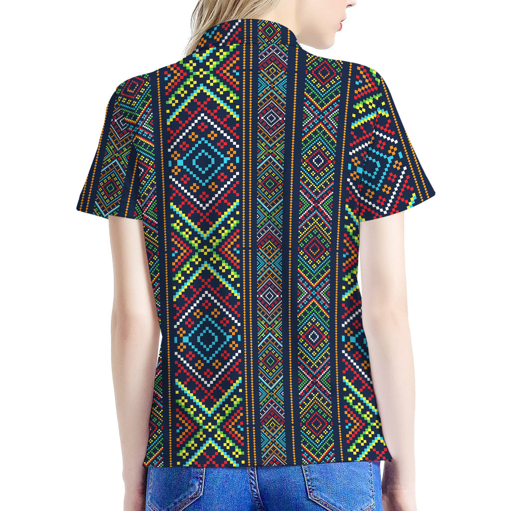Pixel Ethnic Pattern Print Women's Polo Shirt