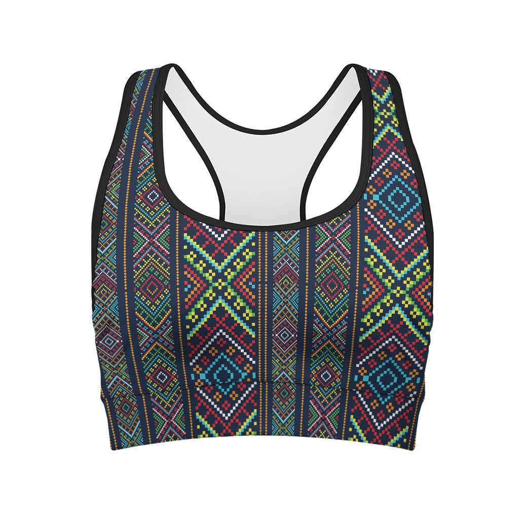 Pixel Ethnic Pattern Print Women's Sports Bra