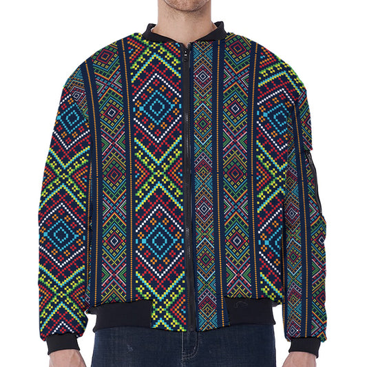 Pixel Ethnic Pattern Print Zip Sleeve Bomber Jacket