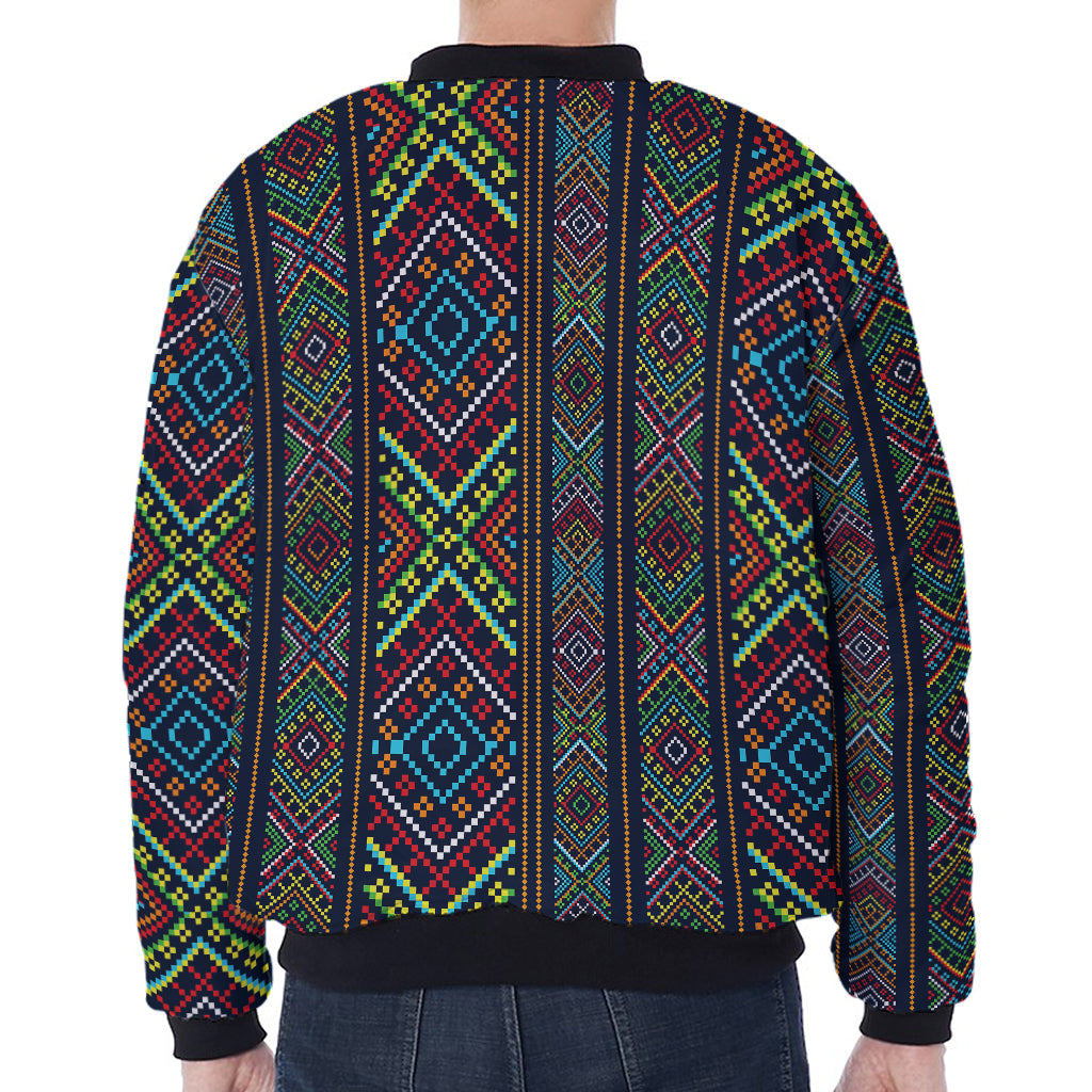 Pixel Ethnic Pattern Print Zip Sleeve Bomber Jacket
