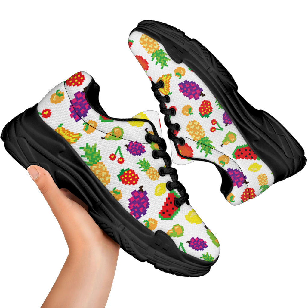 Pixel Fruits Pattern Print Black Chunky Shoes