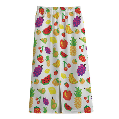 Pixel Fruits Pattern Print Cotton Front Slit Maxi Skirt