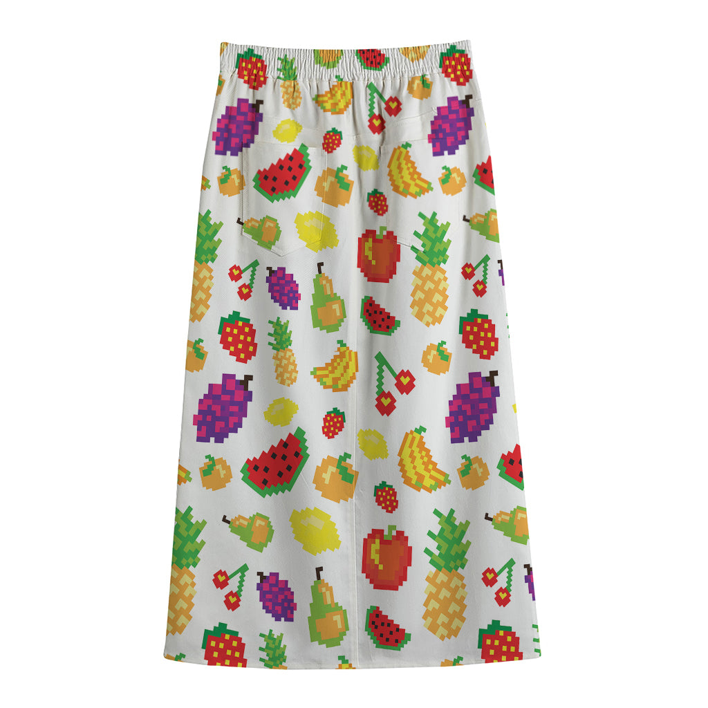 Pixel Fruits Pattern Print Cotton Front Slit Maxi Skirt
