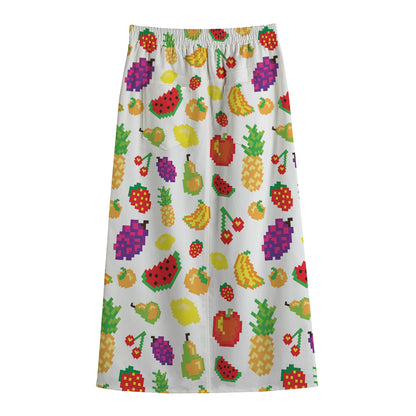 Pixel Fruits Pattern Print Cotton Front Slit Maxi Skirt