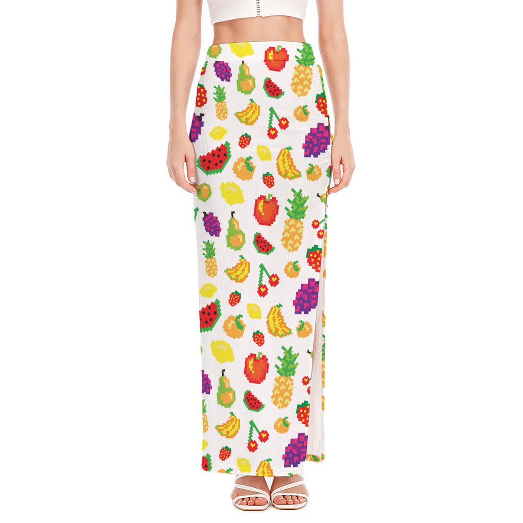 Pixel Fruits Pattern Print High Slit Maxi Skirt