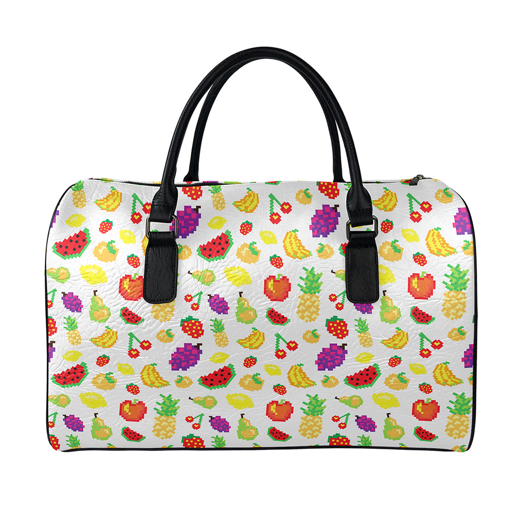 Pixel Fruits Pattern Print Leather Duffle Bag