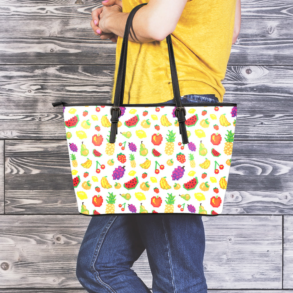 Pixel Fruits Pattern Print Leather Tote Bag
