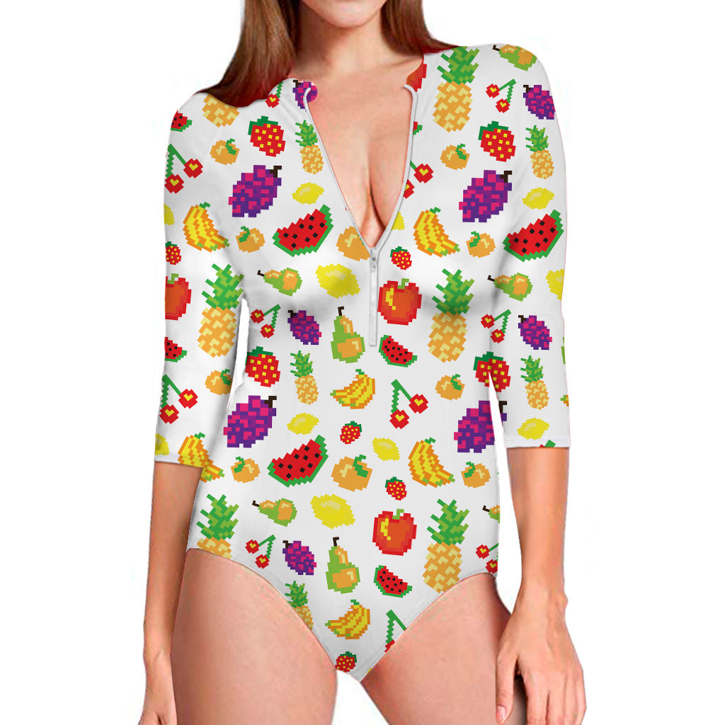 Pixel Fruits Pattern Print Long Sleeve Swimsuit