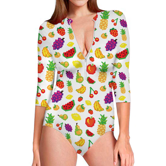 Pixel Fruits Pattern Print Long Sleeve Swimsuit
