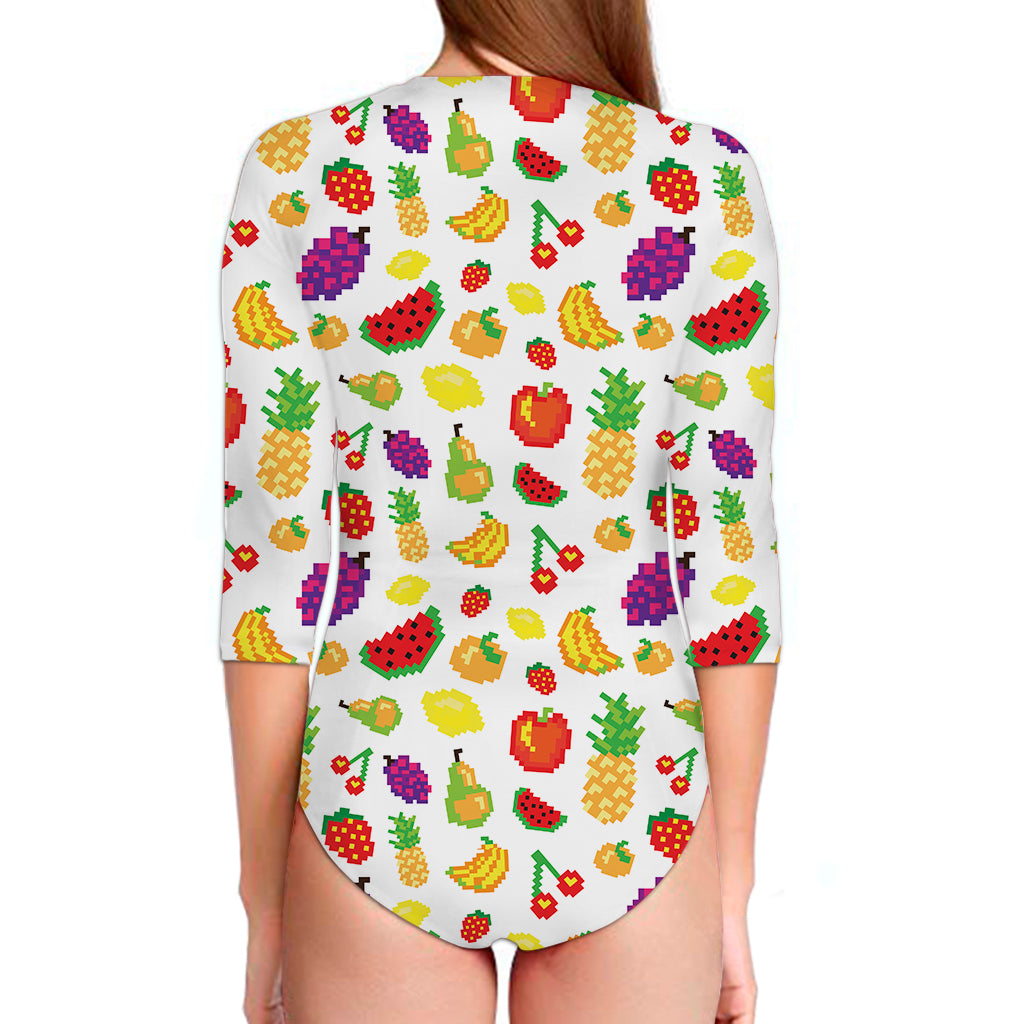 Pixel Fruits Pattern Print Long Sleeve Swimsuit