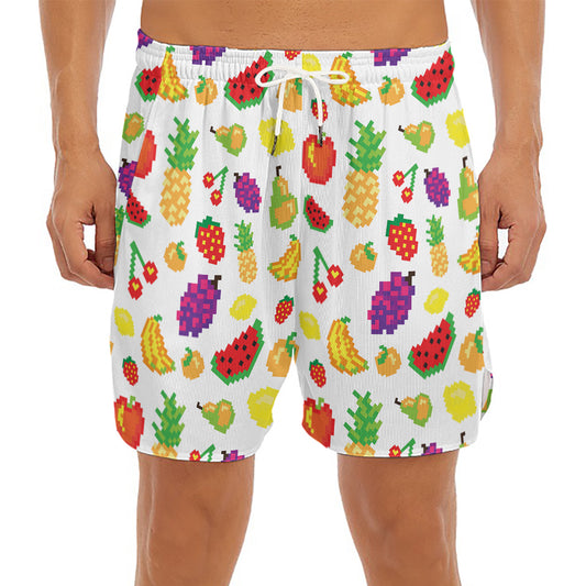 Pixel Fruits Pattern Print Men's Split Running Shorts