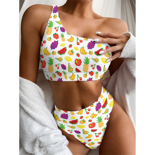 Pixel Fruits Pattern Print One Shoulder Bikini Top