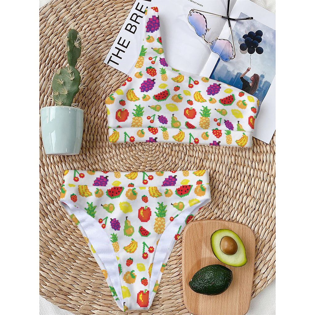 Pixel Fruits Pattern Print One Shoulder Bikini Top