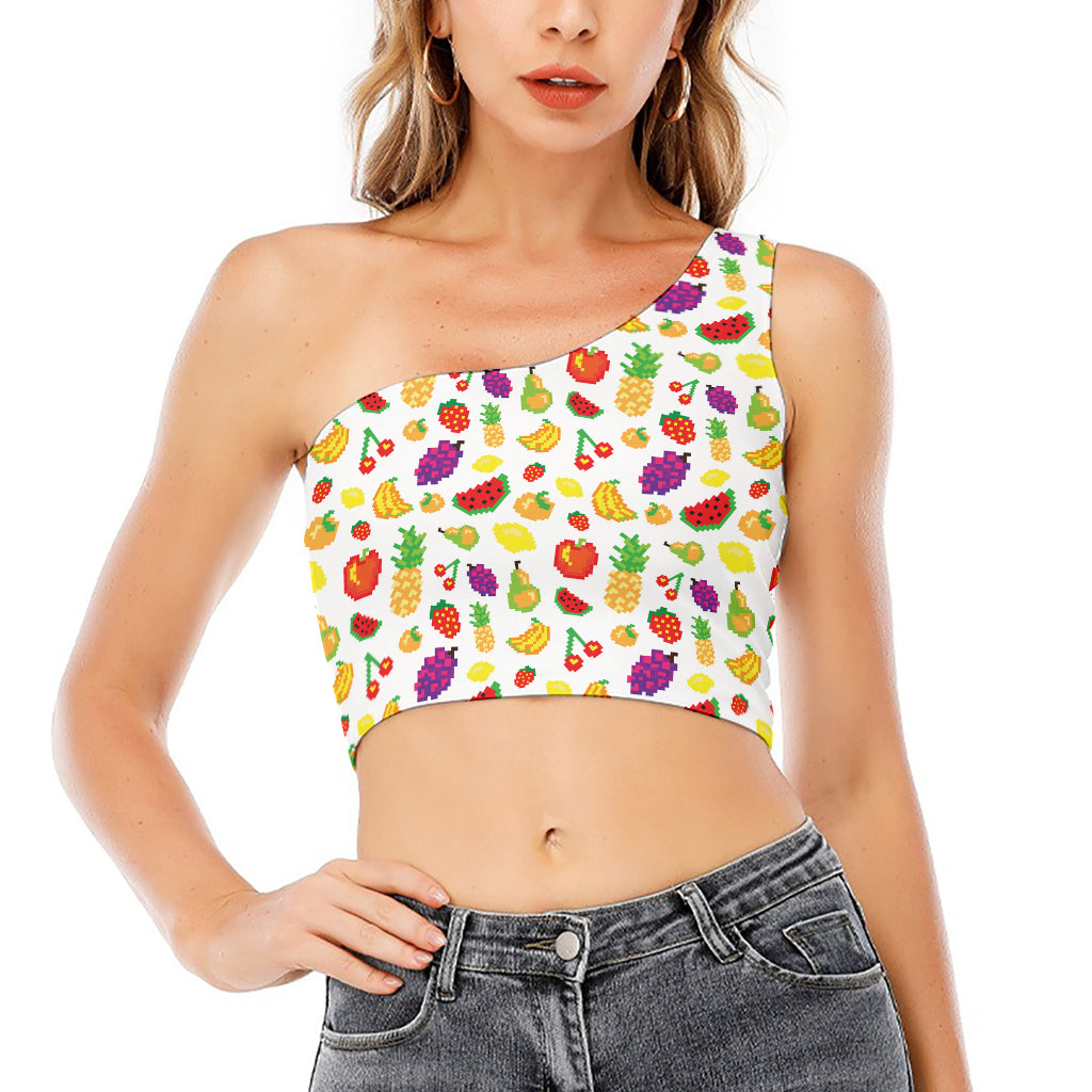 Pixel Fruits Pattern Print One Shoulder Crop Top