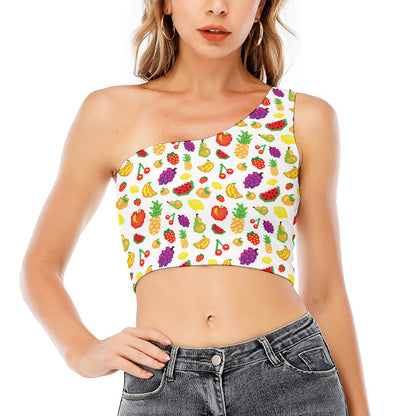 Pixel Fruits Pattern Print One Shoulder Crop Top