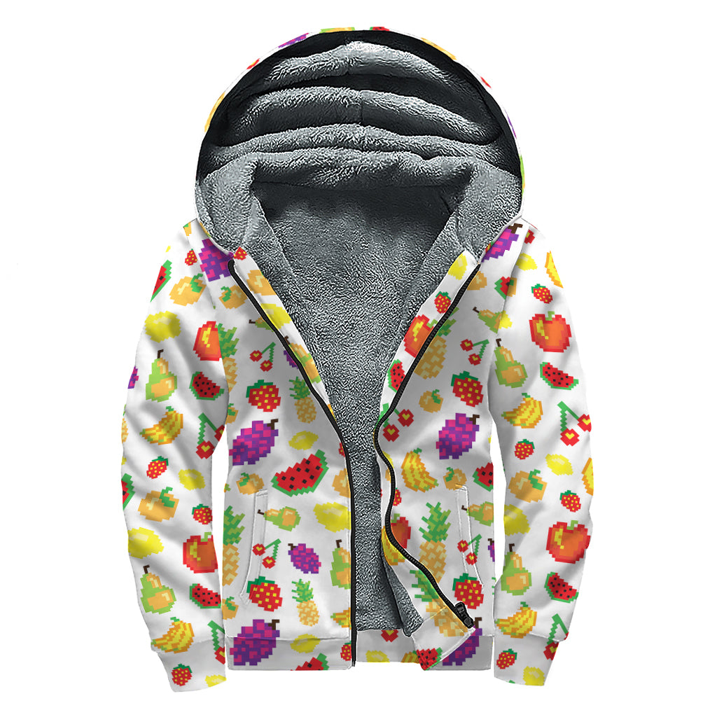 Pixel Fruits Pattern Print Sherpa Lined Zip Up Hoodie