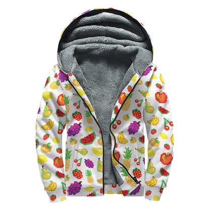 Pixel Fruits Pattern Print Sherpa Lined Zip Up Hoodie