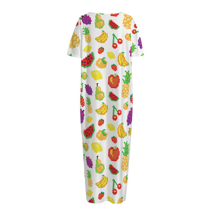 Pixel Fruits Pattern Print Short Sleeve Long Nightdress