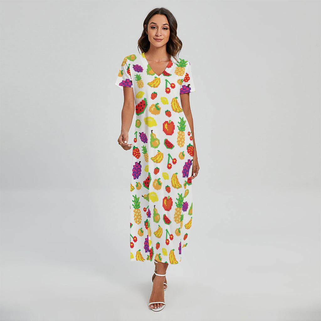 Pixel Fruits Pattern Print Short Sleeve Maxi Dress