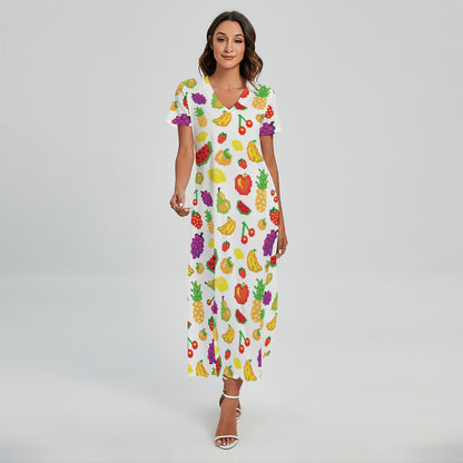 Pixel Fruits Pattern Print Short Sleeve Maxi Dress