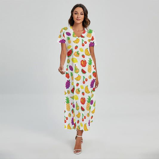 Pixel Fruits Pattern Print Short Sleeve Maxi Dress