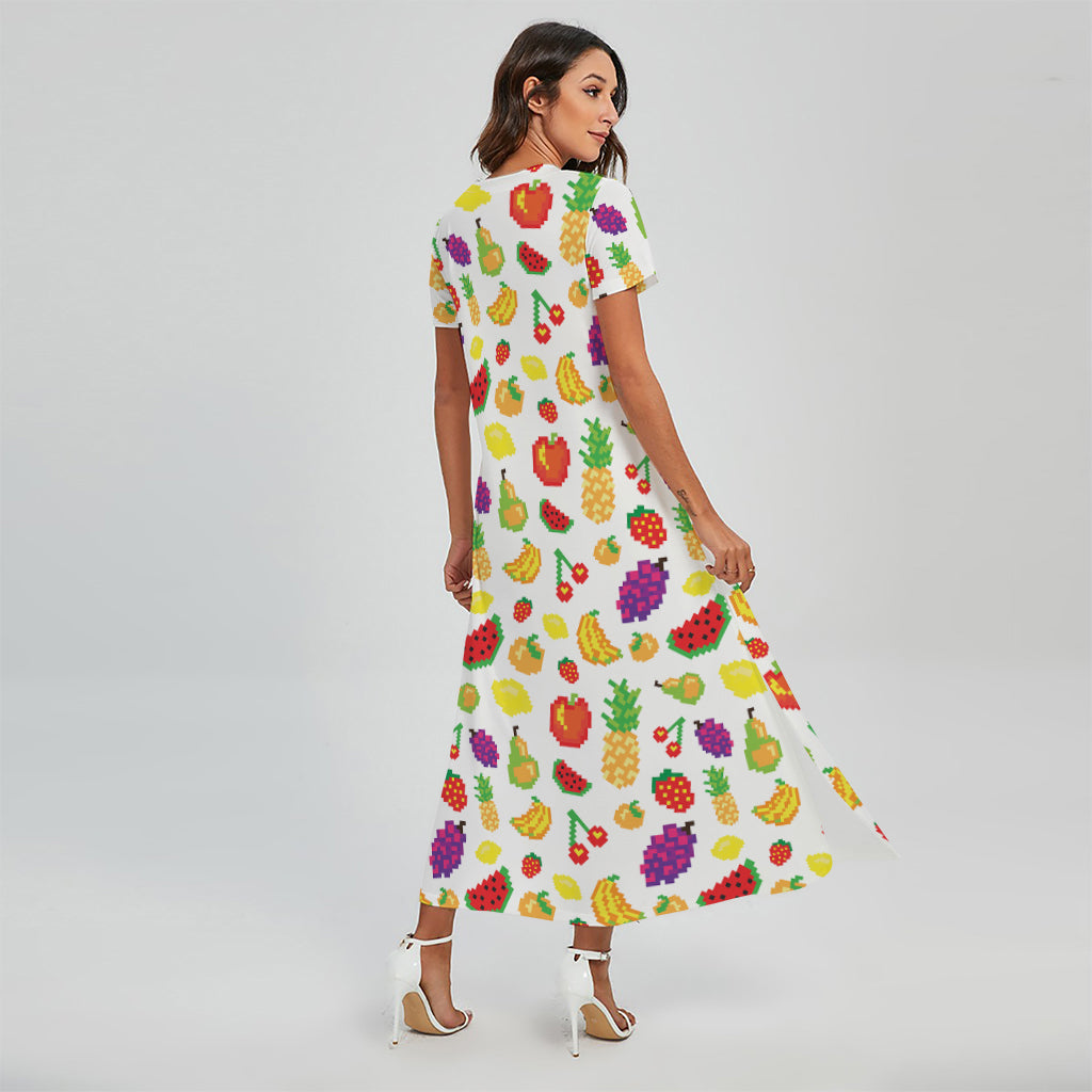 Pixel Fruits Pattern Print Short Sleeve Maxi Dress