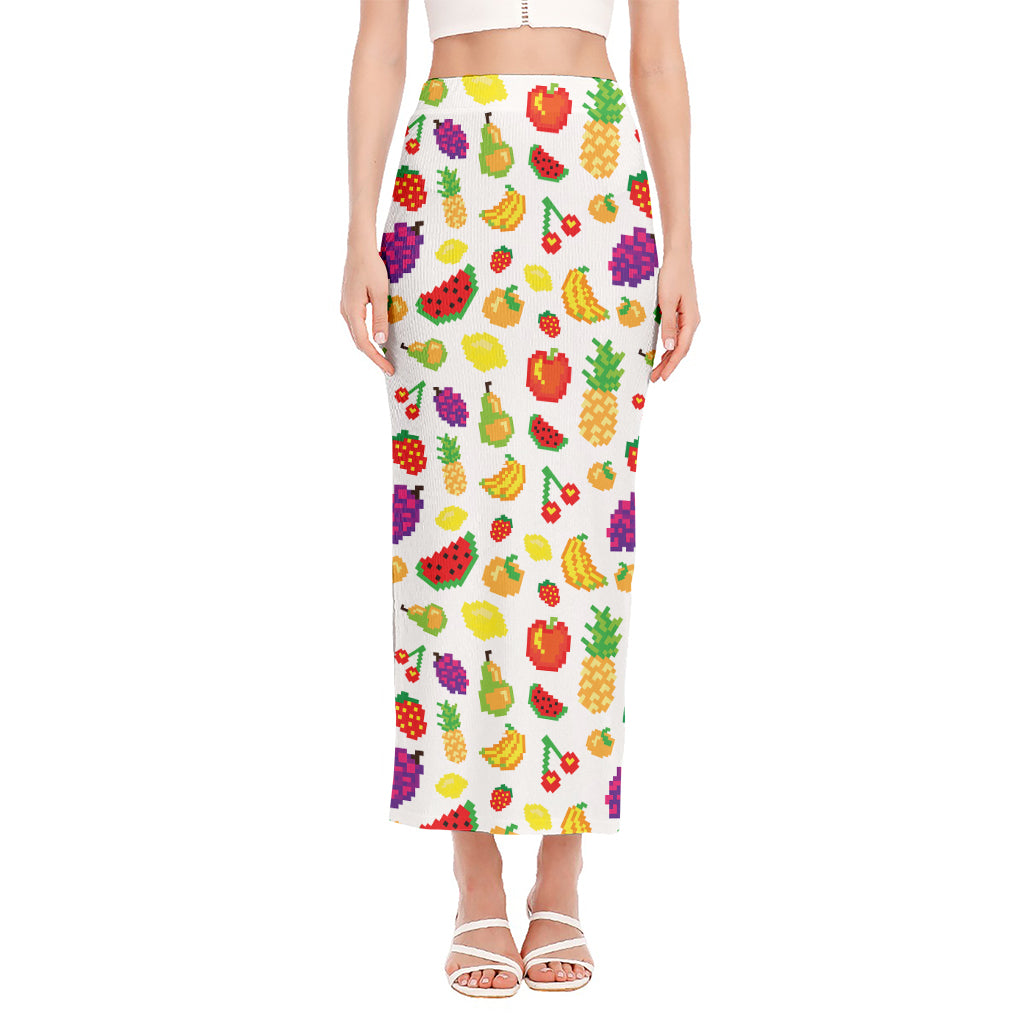 Pixel Fruits Pattern Print Side Slit Maxi Skirt