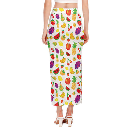 Pixel Fruits Pattern Print Side Slit Maxi Skirt