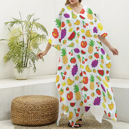 Pixel Fruits Pattern Print Silk V-Neck Kaftan Dress