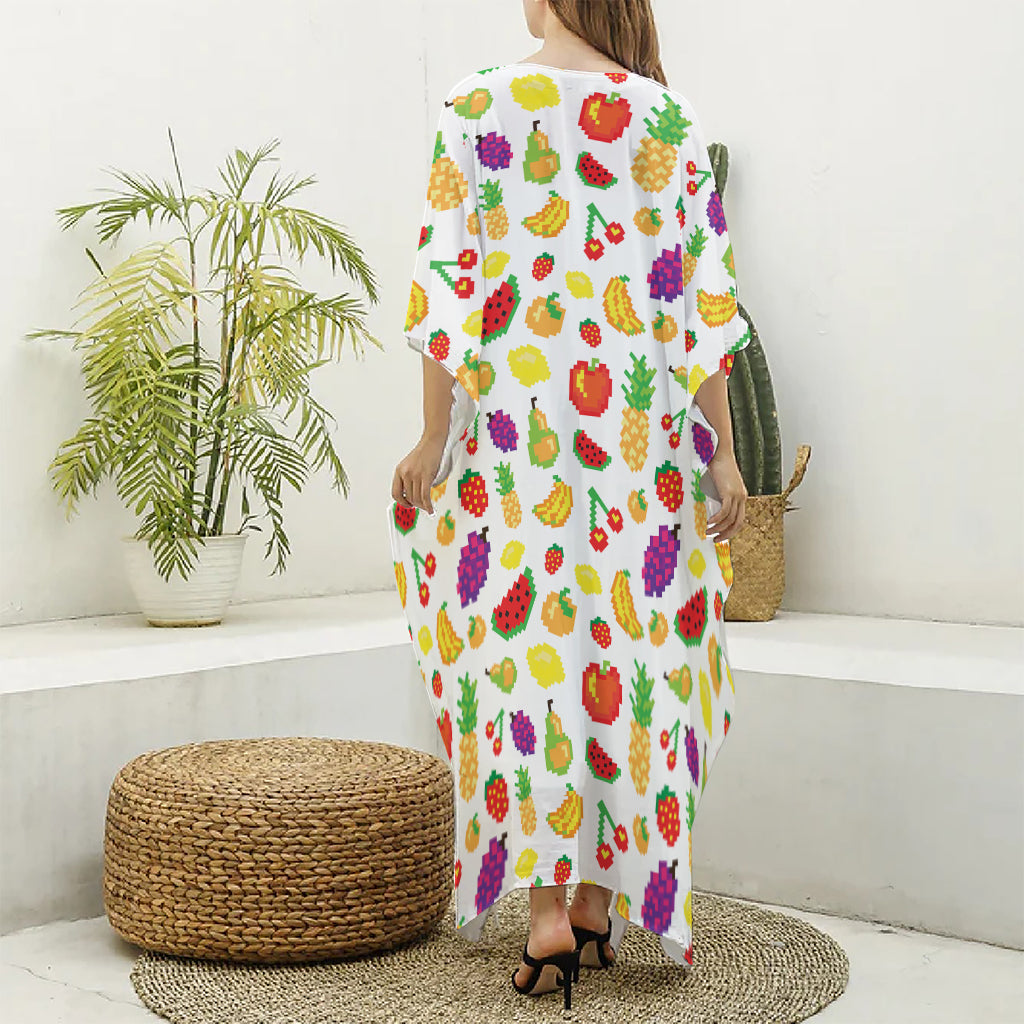 Pixel Fruits Pattern Print Silk V-Neck Kaftan Dress