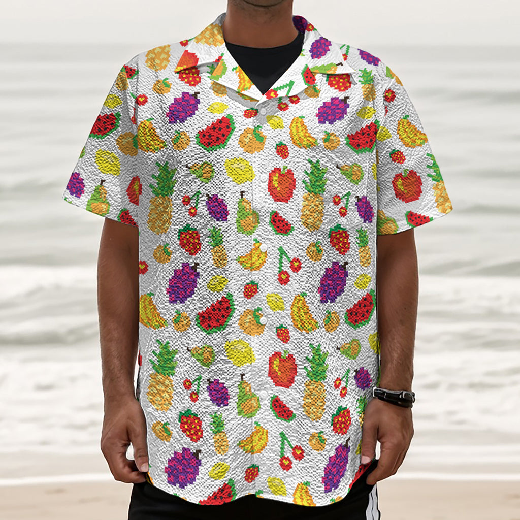 Pixel Fruits Pattern Print Textured Short Sleeve Shirt