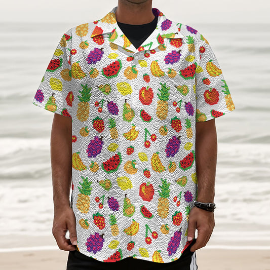 Pixel Fruits Pattern Print Textured Short Sleeve Shirt