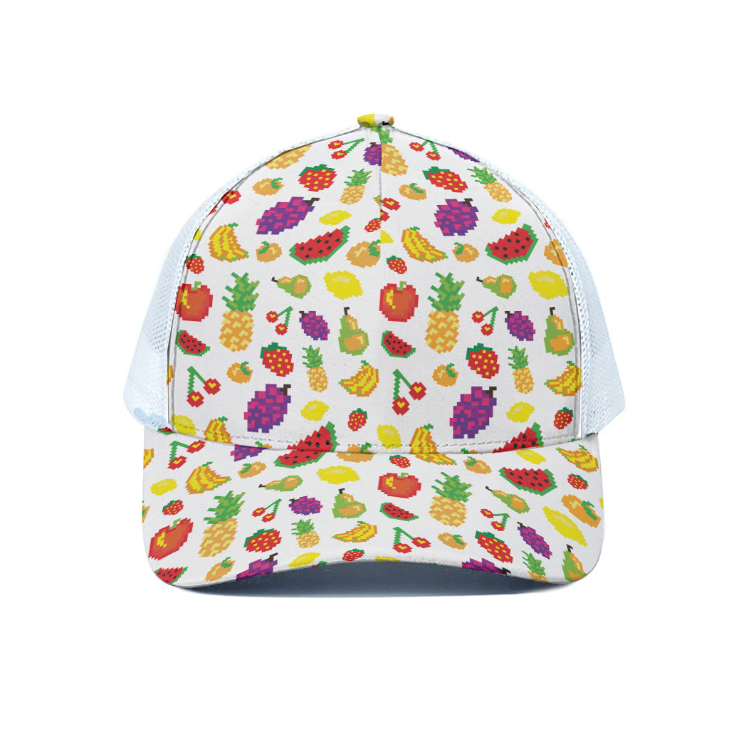 Pixel Fruits Pattern Print White Mesh Trucker Cap
