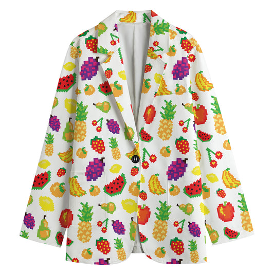 Pixel Fruits Pattern Print Women's Cotton Blazer