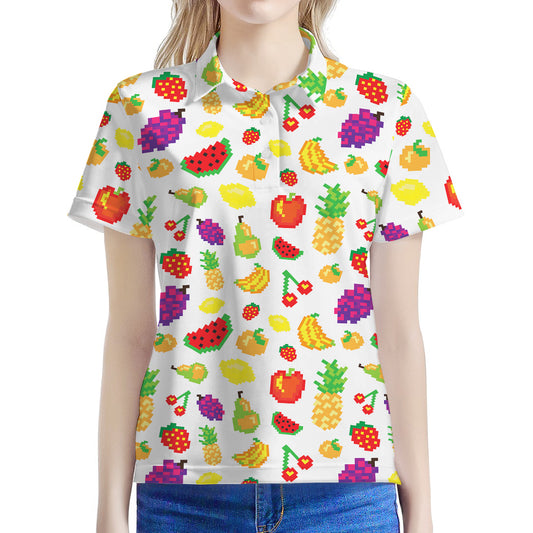 Pixel Fruits Pattern Print Women's Polo Shirt