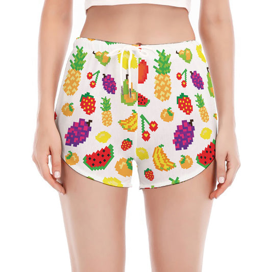 Pixel Fruits Pattern Print Women's Split Running Shorts
