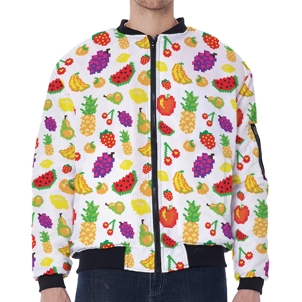 Pixel Fruits Pattern Print Zip Sleeve Bomber Jacket