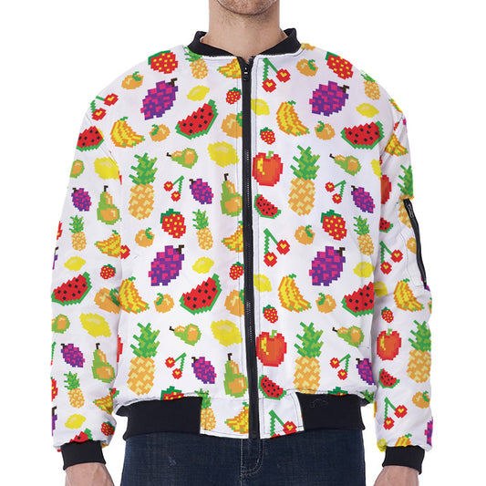 Pixel Fruits Pattern Print Zip Sleeve Bomber Jacket