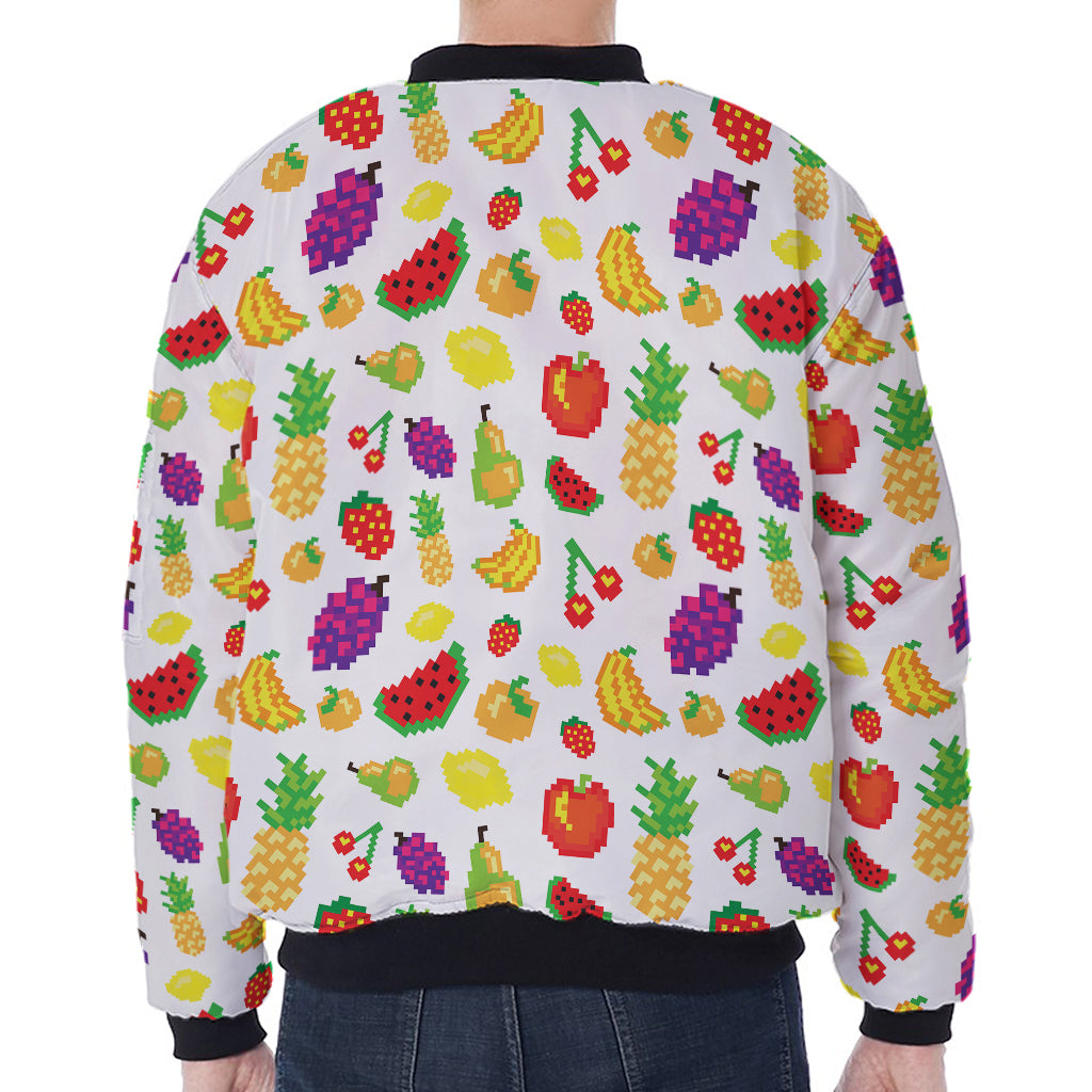 Pixel Fruits Pattern Print Zip Sleeve Bomber Jacket