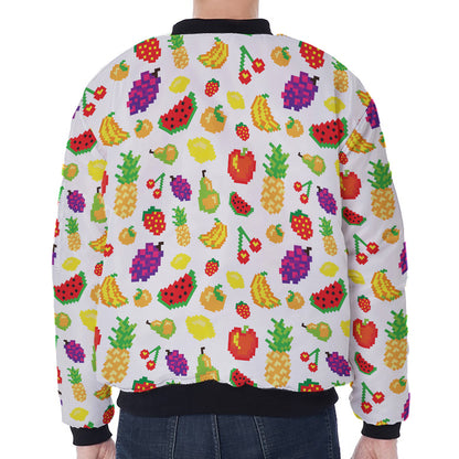 Pixel Fruits Pattern Print Zip Sleeve Bomber Jacket