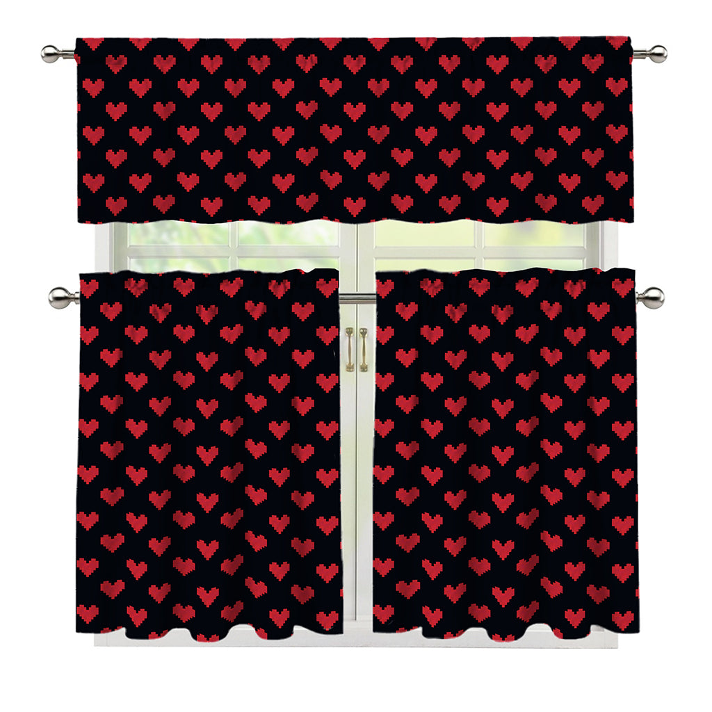 Pixel Heart Pattern Print 3 Piece Kitchen Curtains