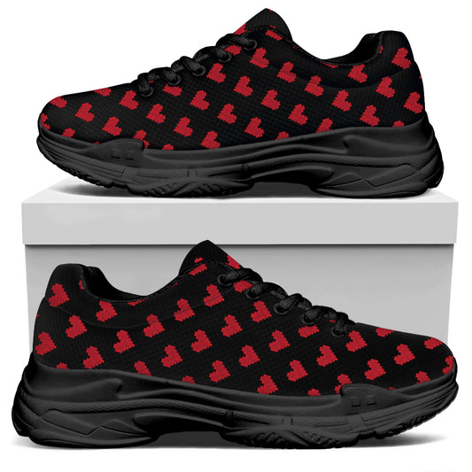Pixel Heart Pattern Print Black Chunky Shoes