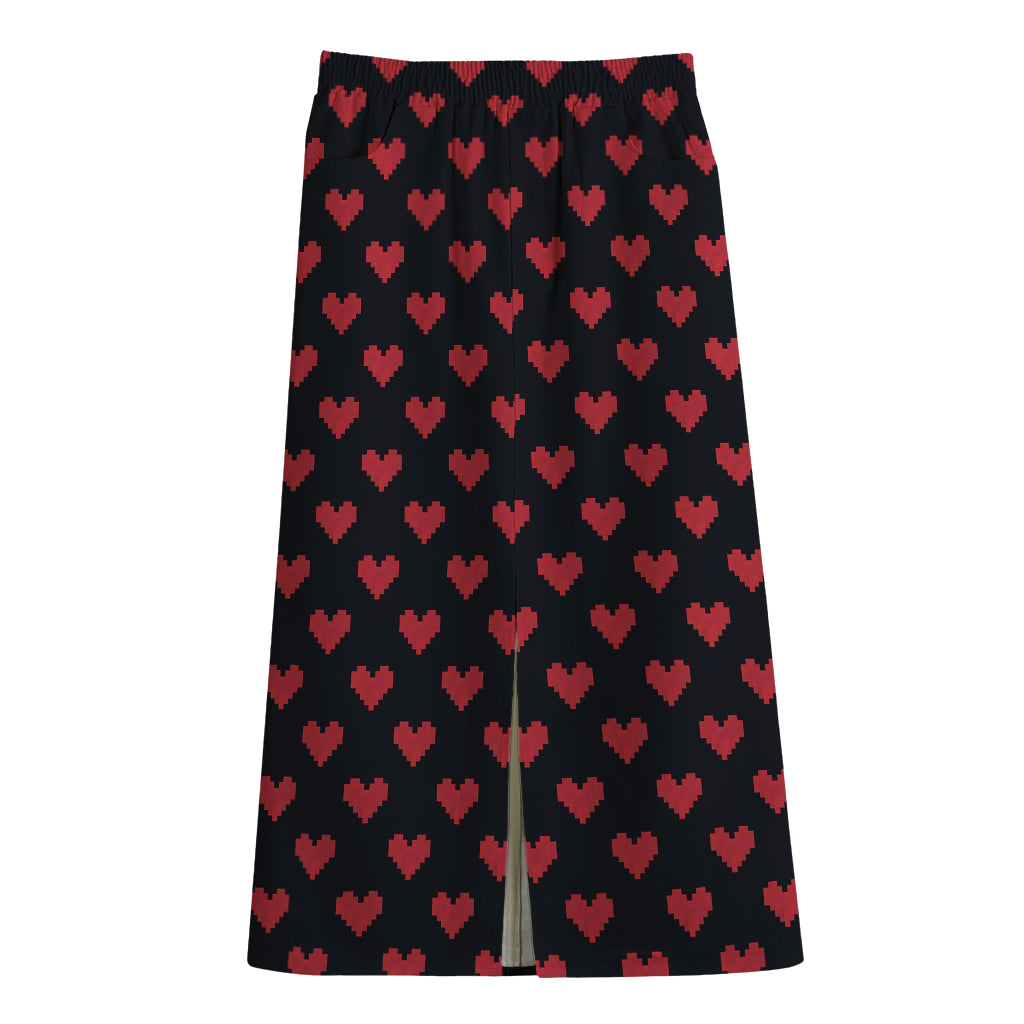 Pixel Heart Pattern Print Cotton Front Slit Maxi Skirt