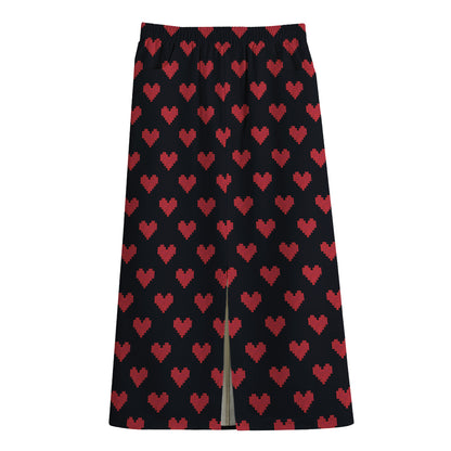 Pixel Heart Pattern Print Cotton Front Slit Maxi Skirt