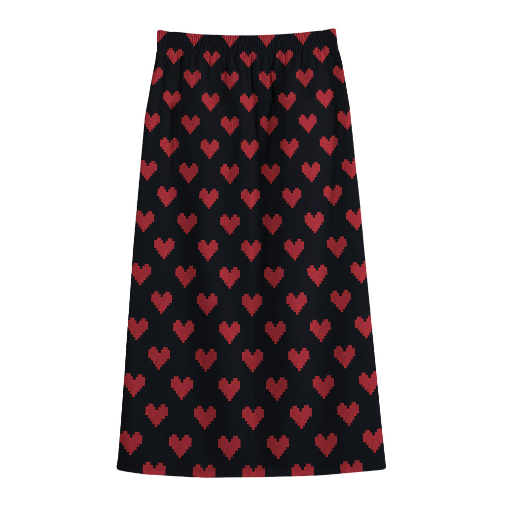 Pixel Heart Pattern Print Cotton Front Slit Maxi Skirt