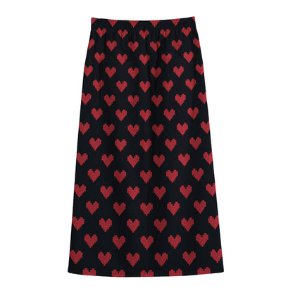 Pixel Heart Pattern Print Cotton Front Slit Maxi Skirt