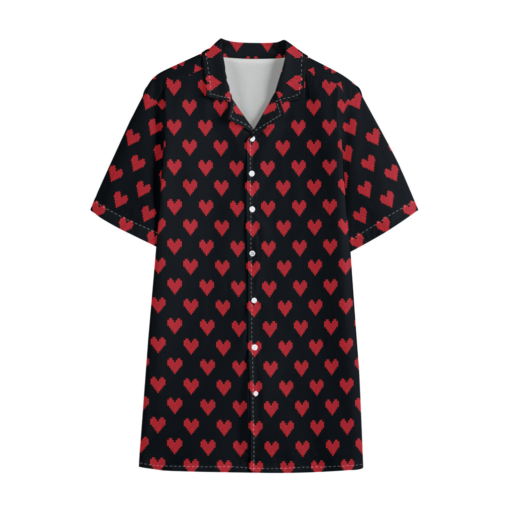 Pixel Heart Pattern Print Cotton Hawaiian Shirt
