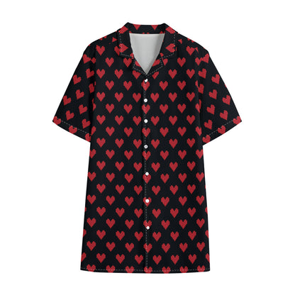 Pixel Heart Pattern Print Cotton Hawaiian Shirt