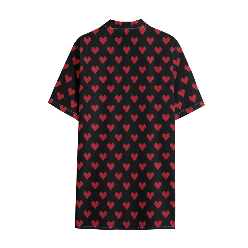 Pixel Heart Pattern Print Cotton Hawaiian Shirt